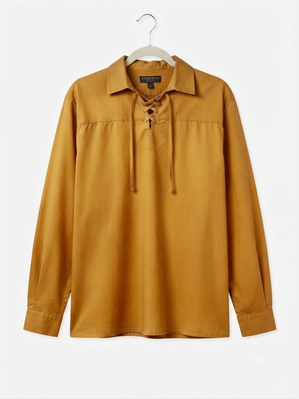 Artesanias Ishka  Folk Art Mustard Gold 100% Cotton Lace-Up Peasant Shirt Size M